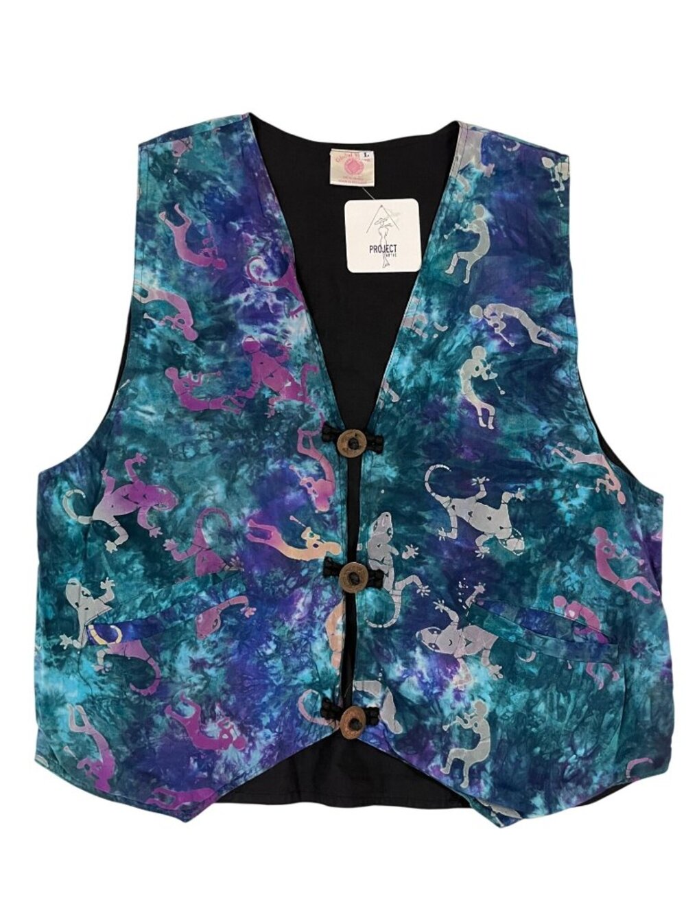 Vintage 90s Global Village Hand Batik Kokopelli & Gecko Print Vest Size Large